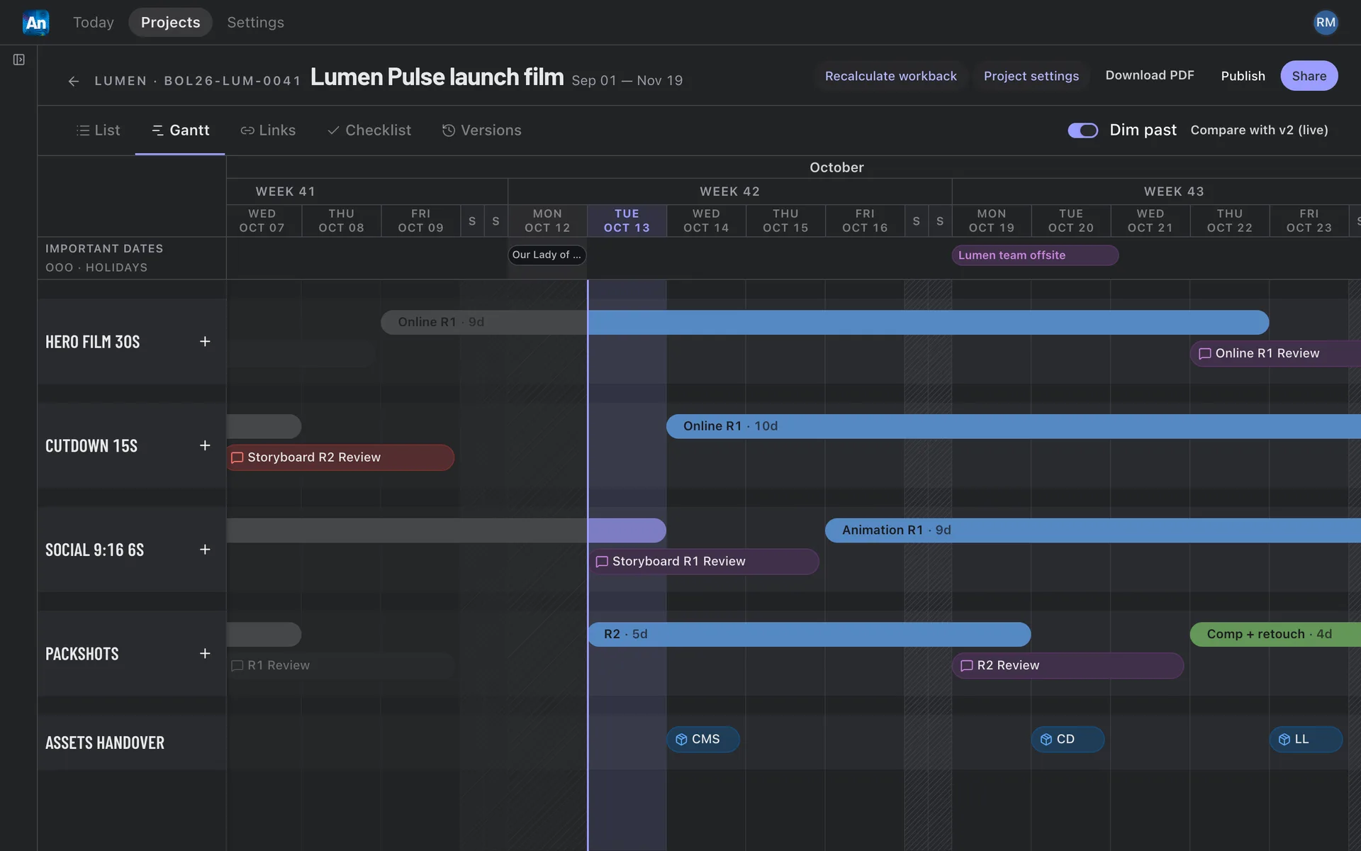The Gantt: one lane per deliverable, client reviews, holidays and the asset handovers.