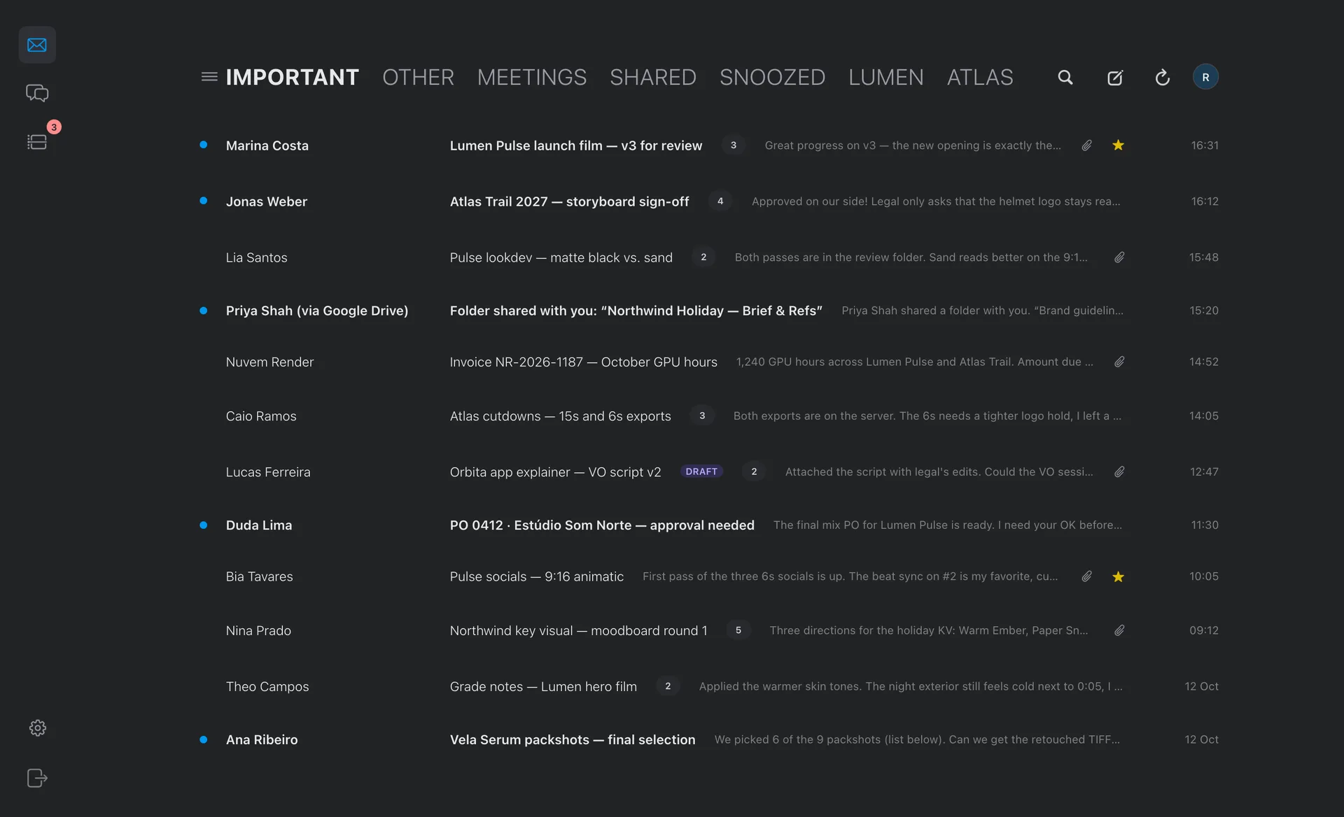 Mail: the Important tab, Gmail labels as tabs, and Alinha's late items on the rail.