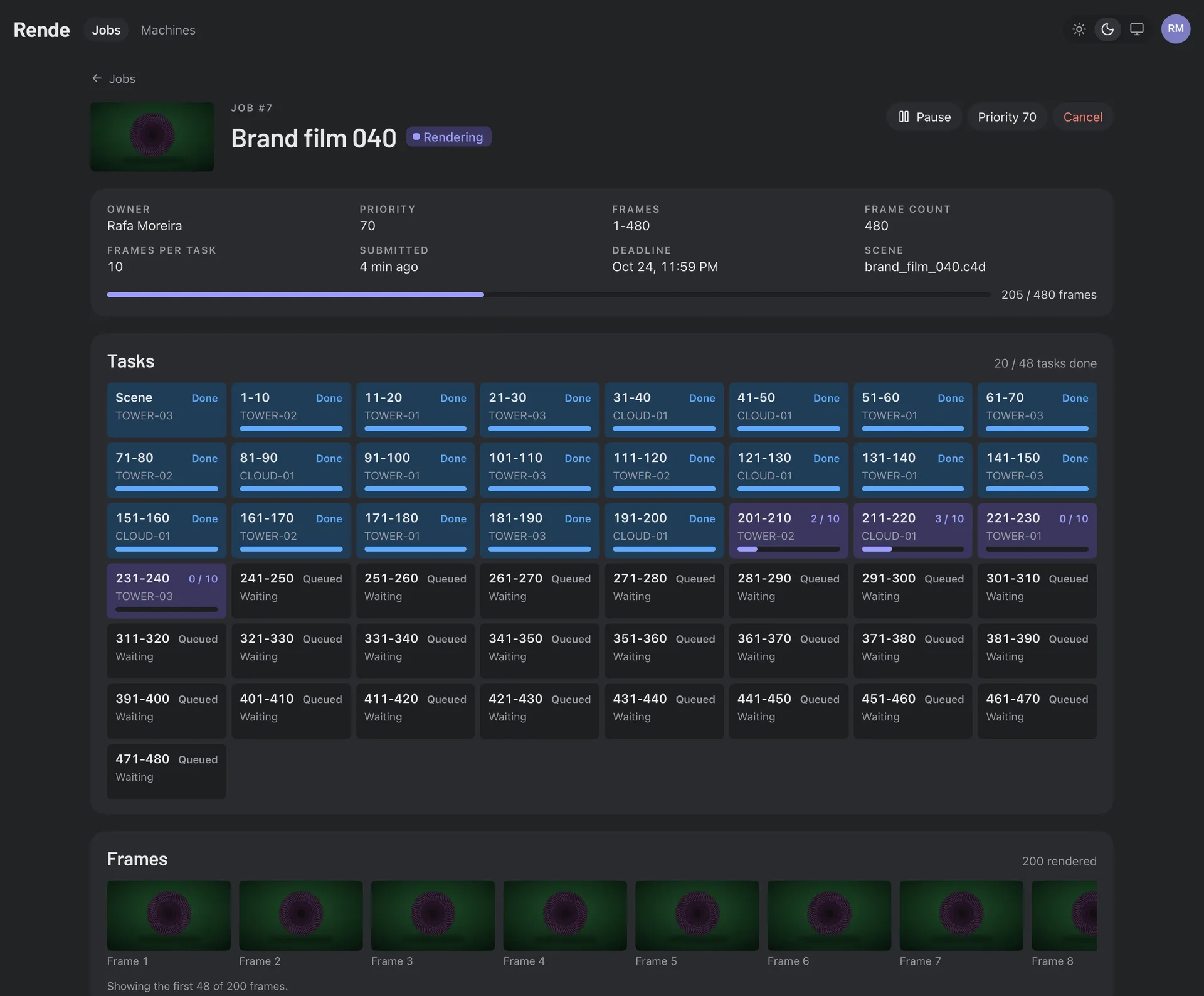 A job page: one tile per task, live progress, and the frames as they come out.