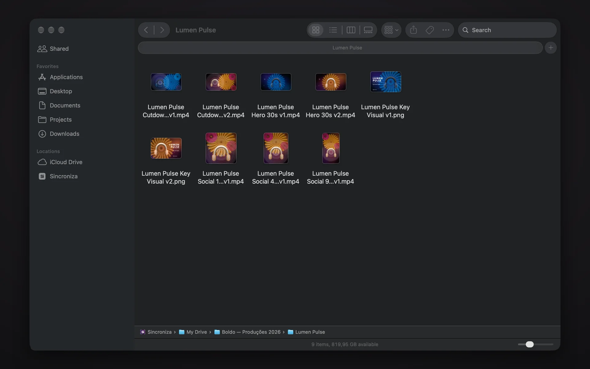 Google Drive in Finder: the account's folders, with thumbnails straight from Drive.